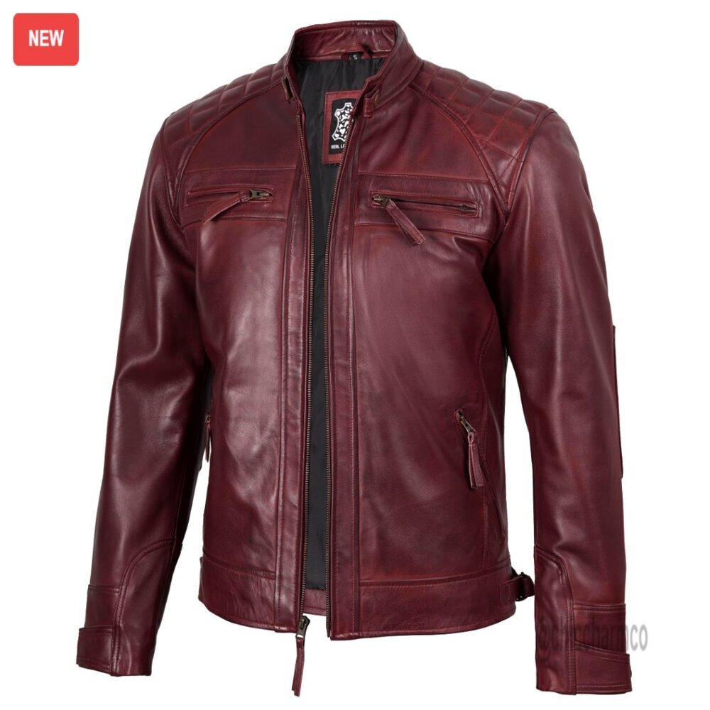 Men's Real Lambskin Leather Jacket, Quilted Moto Style, Adjustable Fit